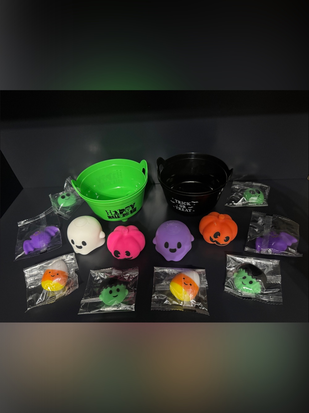 NEW Bundle of Halloween Treat Buckets with Colorful Squishy Toys - Green & Black